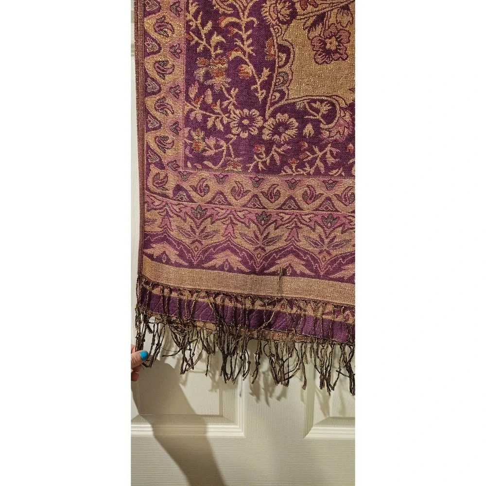 Pashmina 100% Pashmina‎ Shawl Wrap Scarf Purple Gold Metallic Fringe